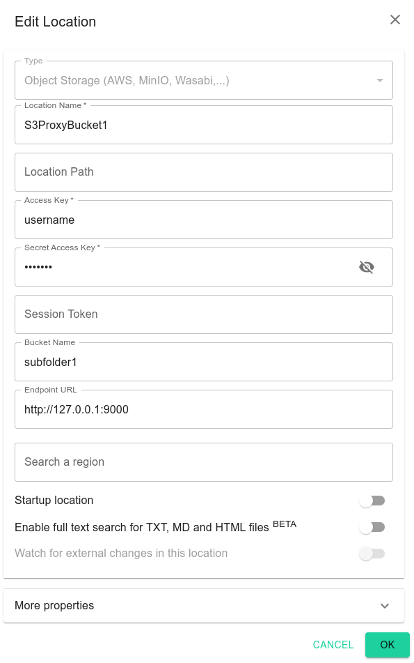 Connecting S3Proxy bucket in TagSpaces