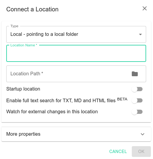 Properties of a location pointing to a local folder
