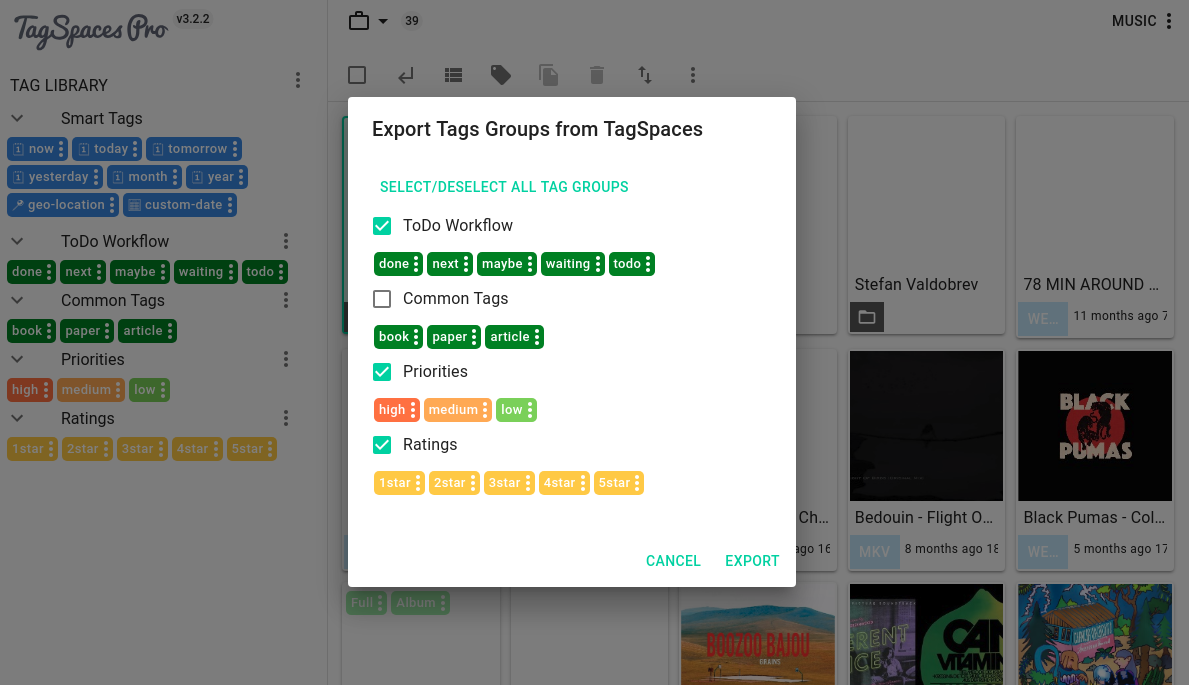 selecting tag groups for export