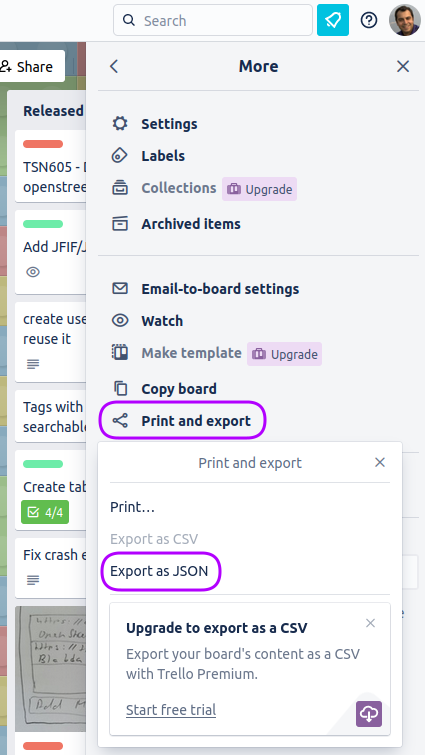 Export Trello board as JSON file