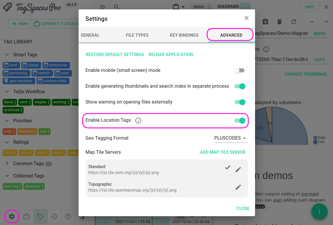 Activating location tags in the settings