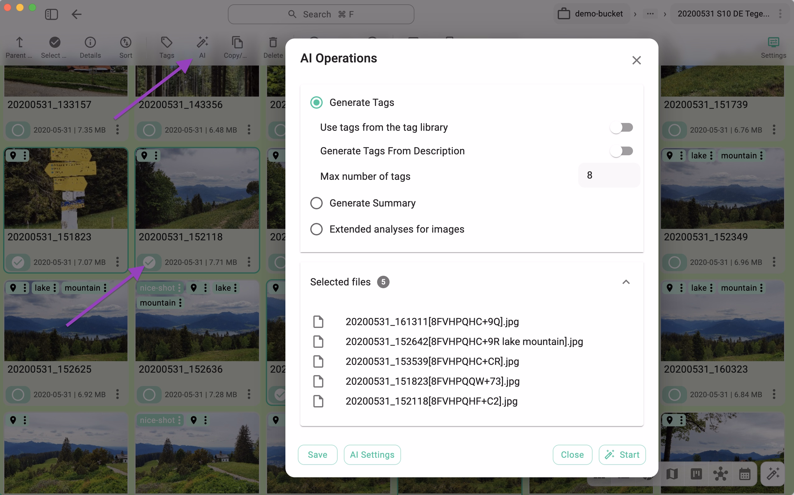 Dialog for AI functionalities on multiple files