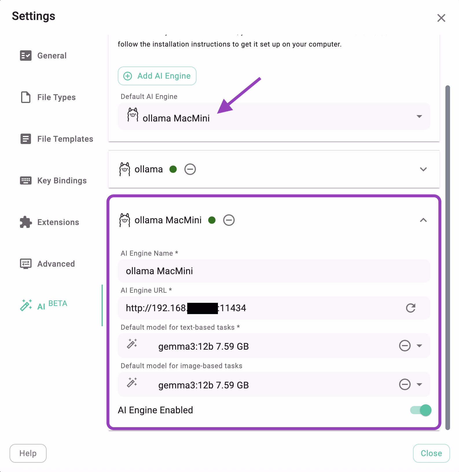 TagSpaces configured to use Ollama from a computer in the local network