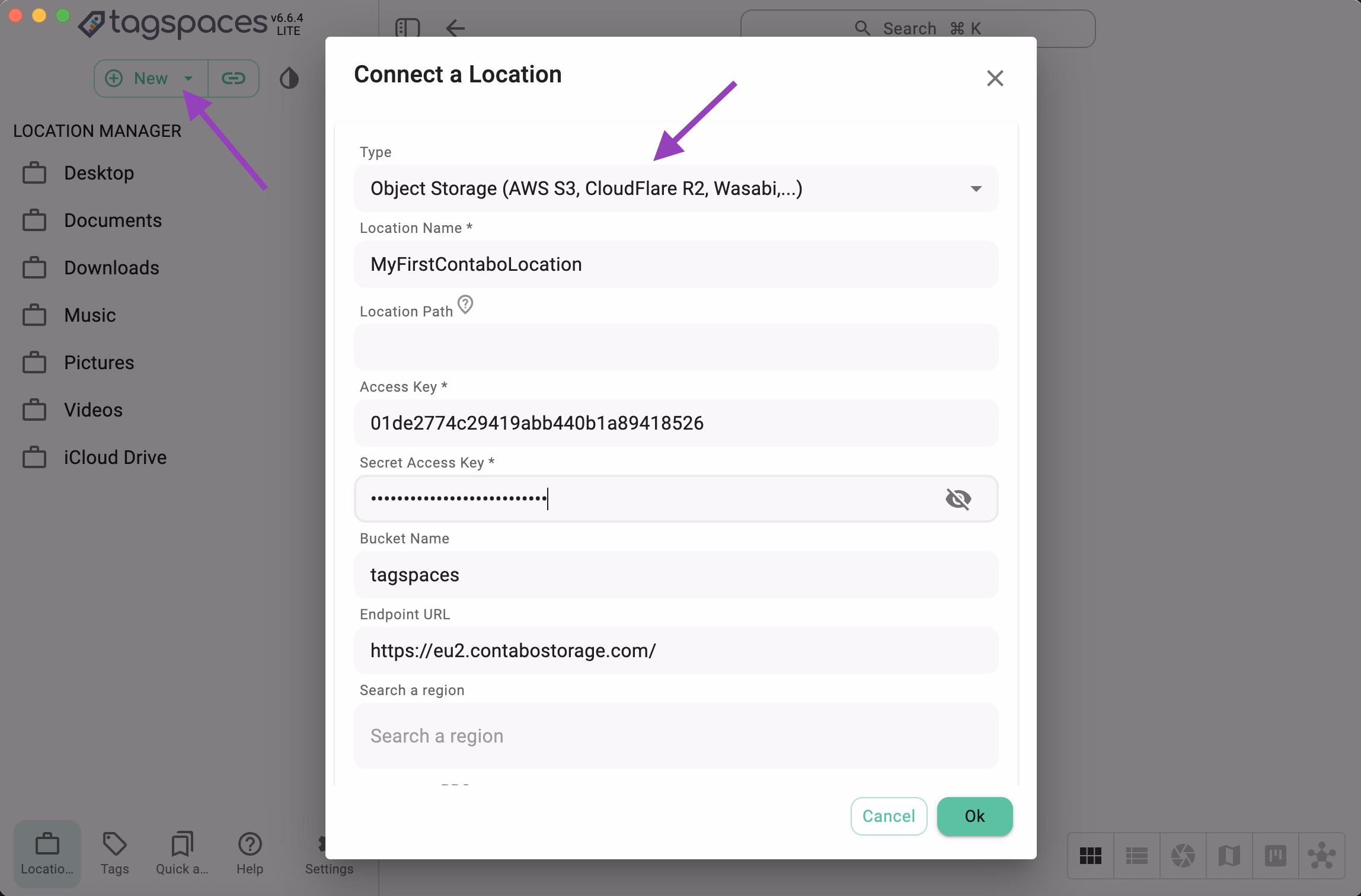 Connecting the bucket as a location in TagSpaces