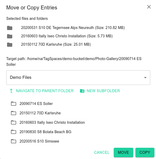 The dialog for moving or copying of files and folders