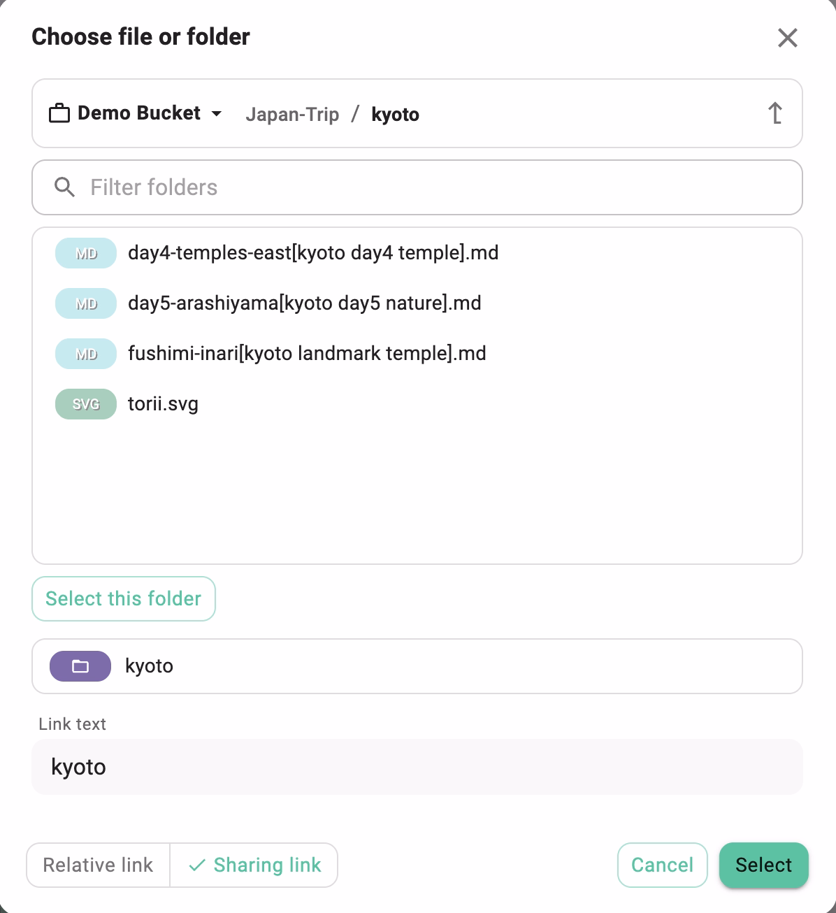 Utilizing the file chooser dialog for creating link