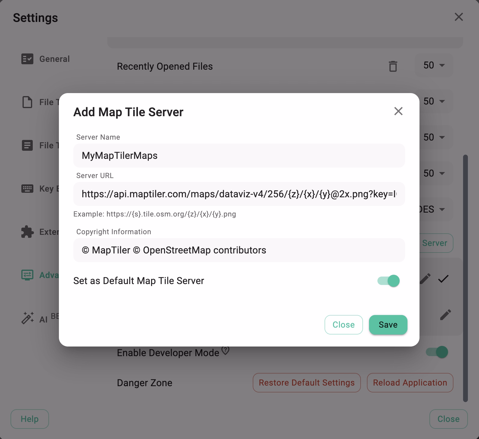 Dialog for adding a new map tile server