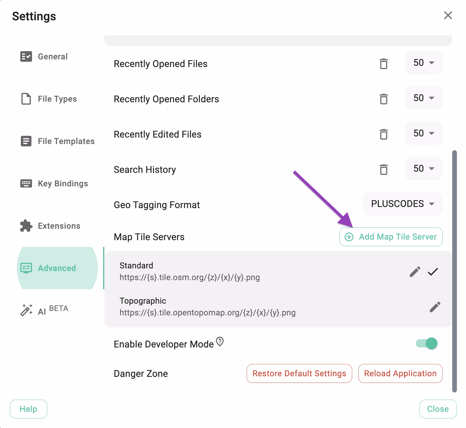Map tile server section in the TagSpaces advanced settings