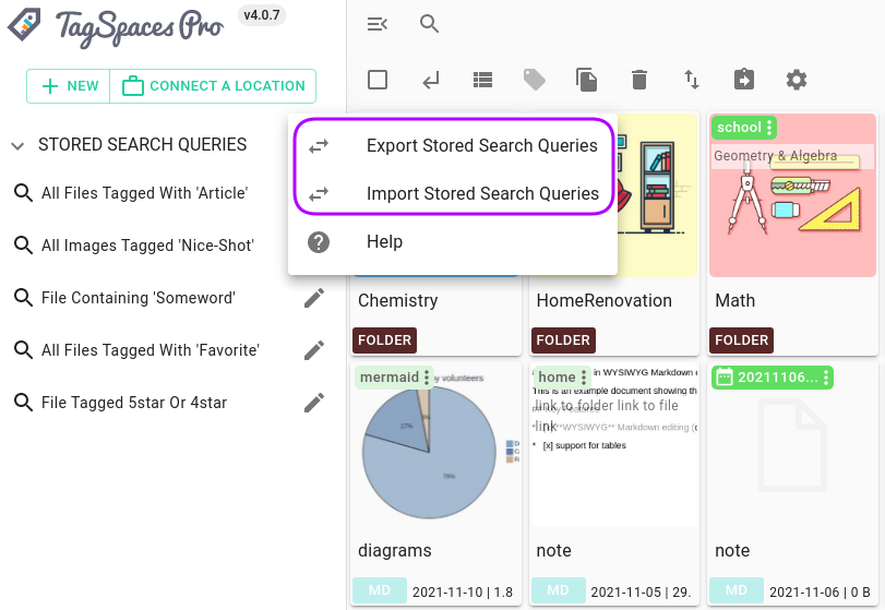 Menu for triggering the import and export of stored searches