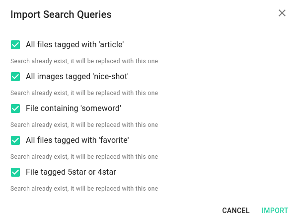 Dialog for importing stored search queries