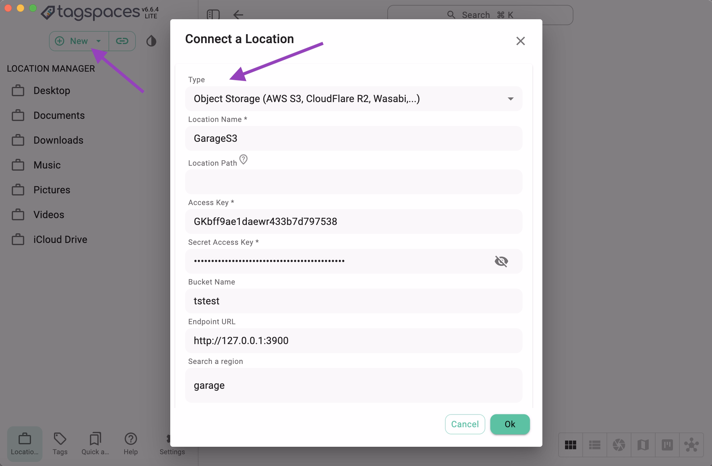 Screenshot of the dialog to connecting Garage locations in TagSpaces