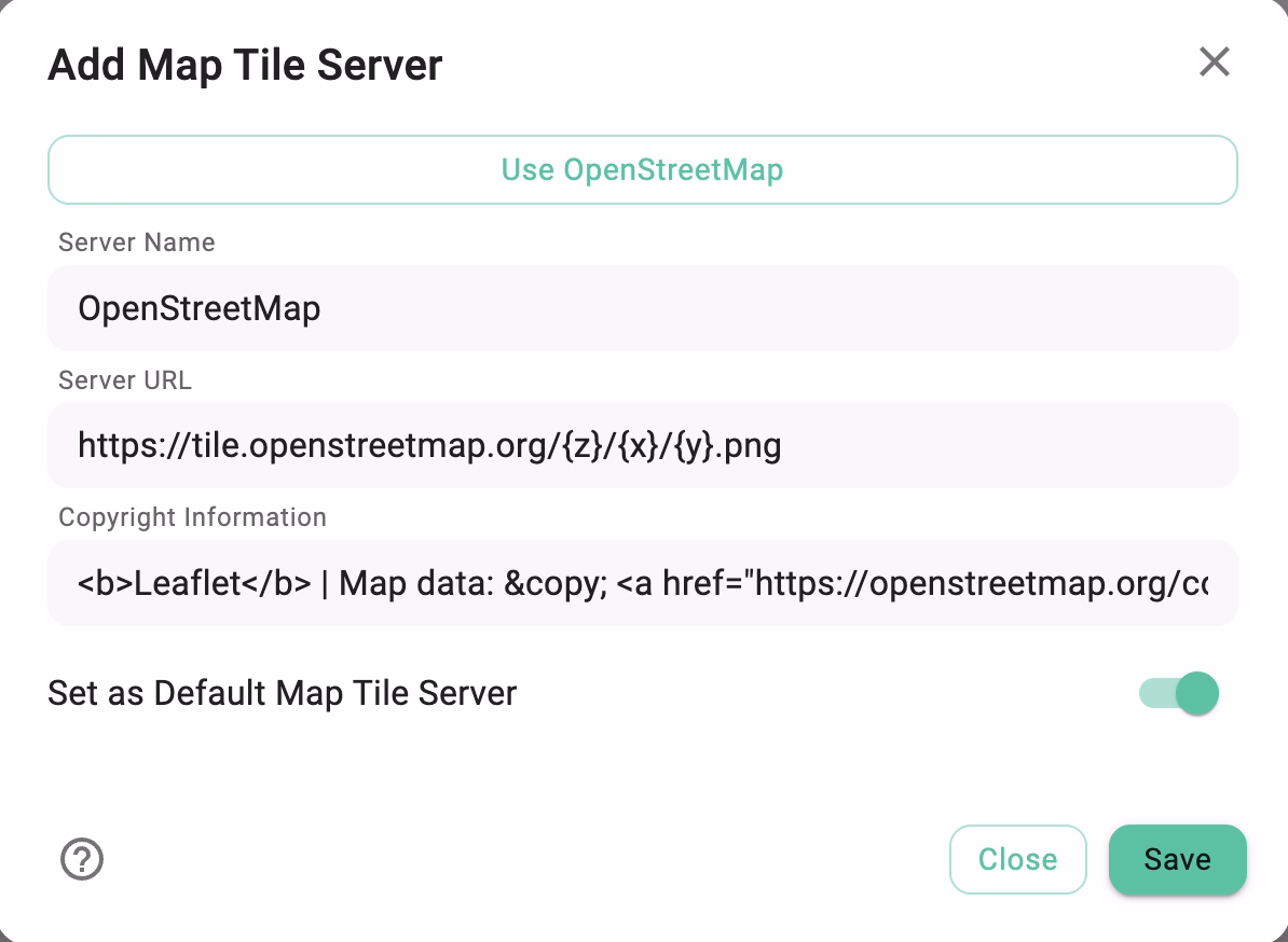 Add Map Tile Server dialog with the Use OpenStreetMap quick-fill action