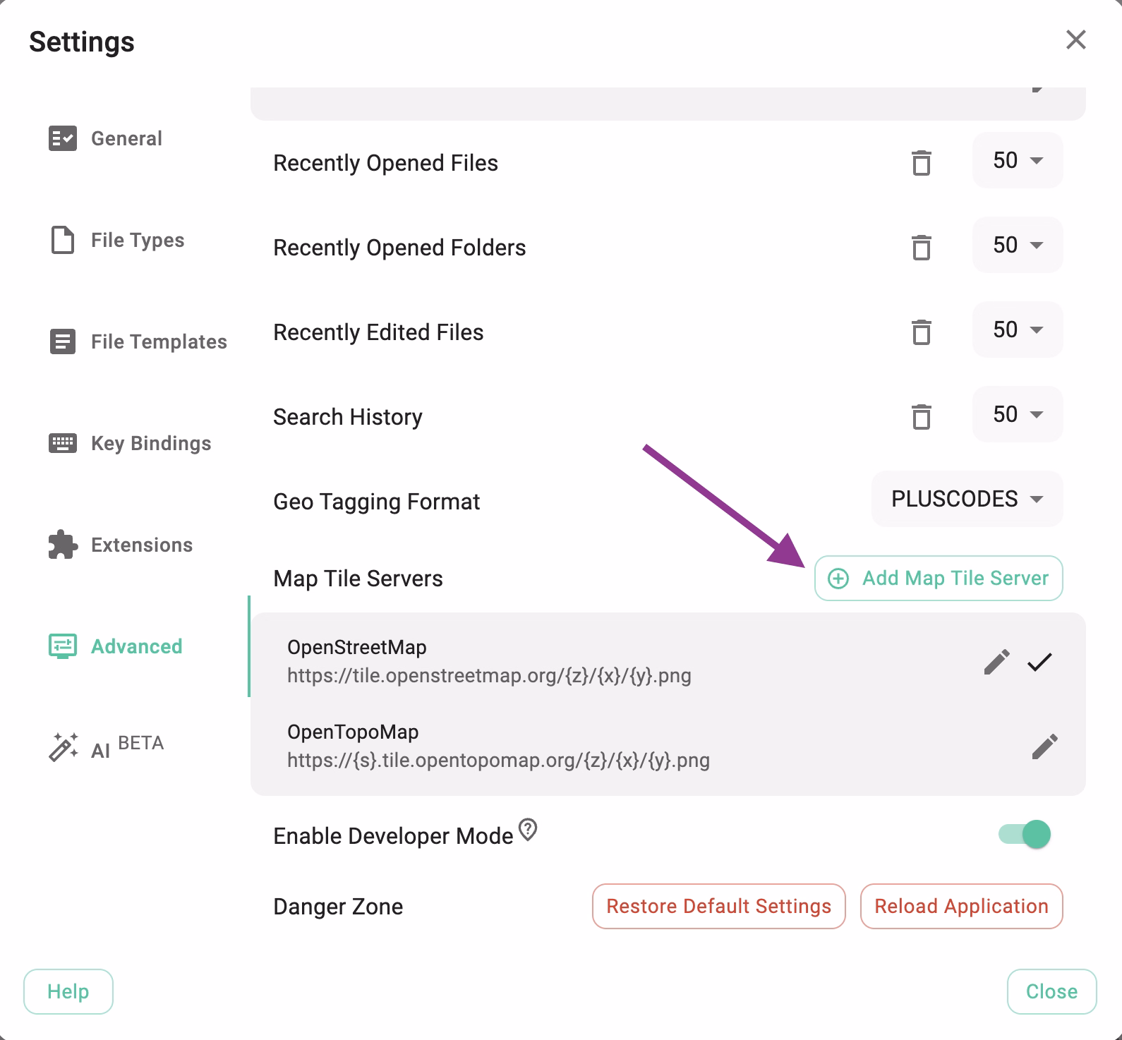 Map tile server section in the TagSpaces advanced settings