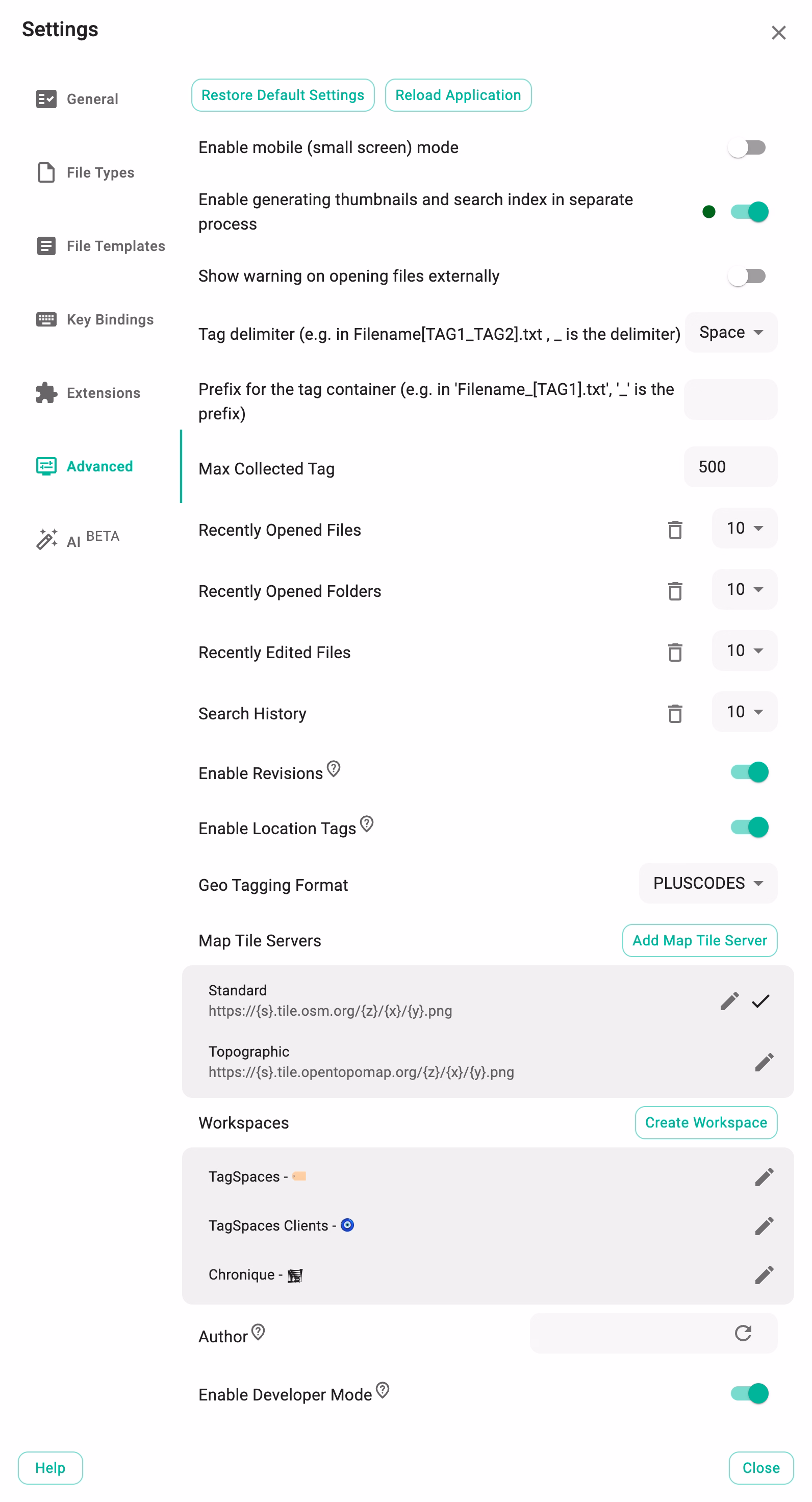 Settings - Advanced Tab