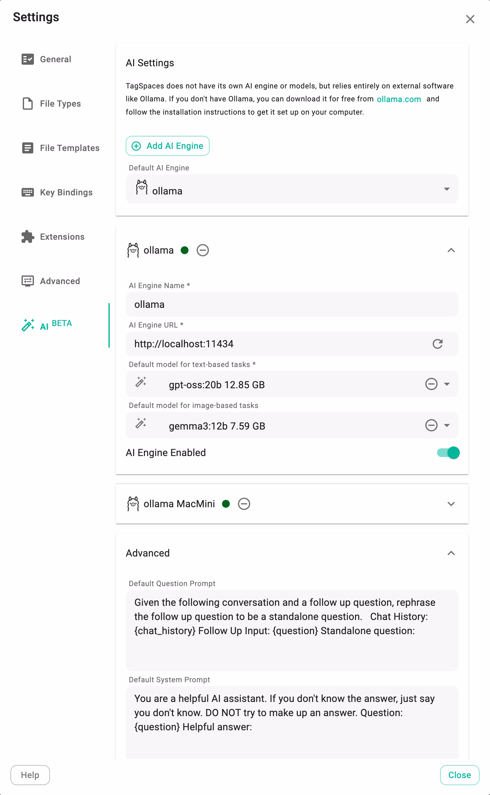 Ollama connected in TagSpaces