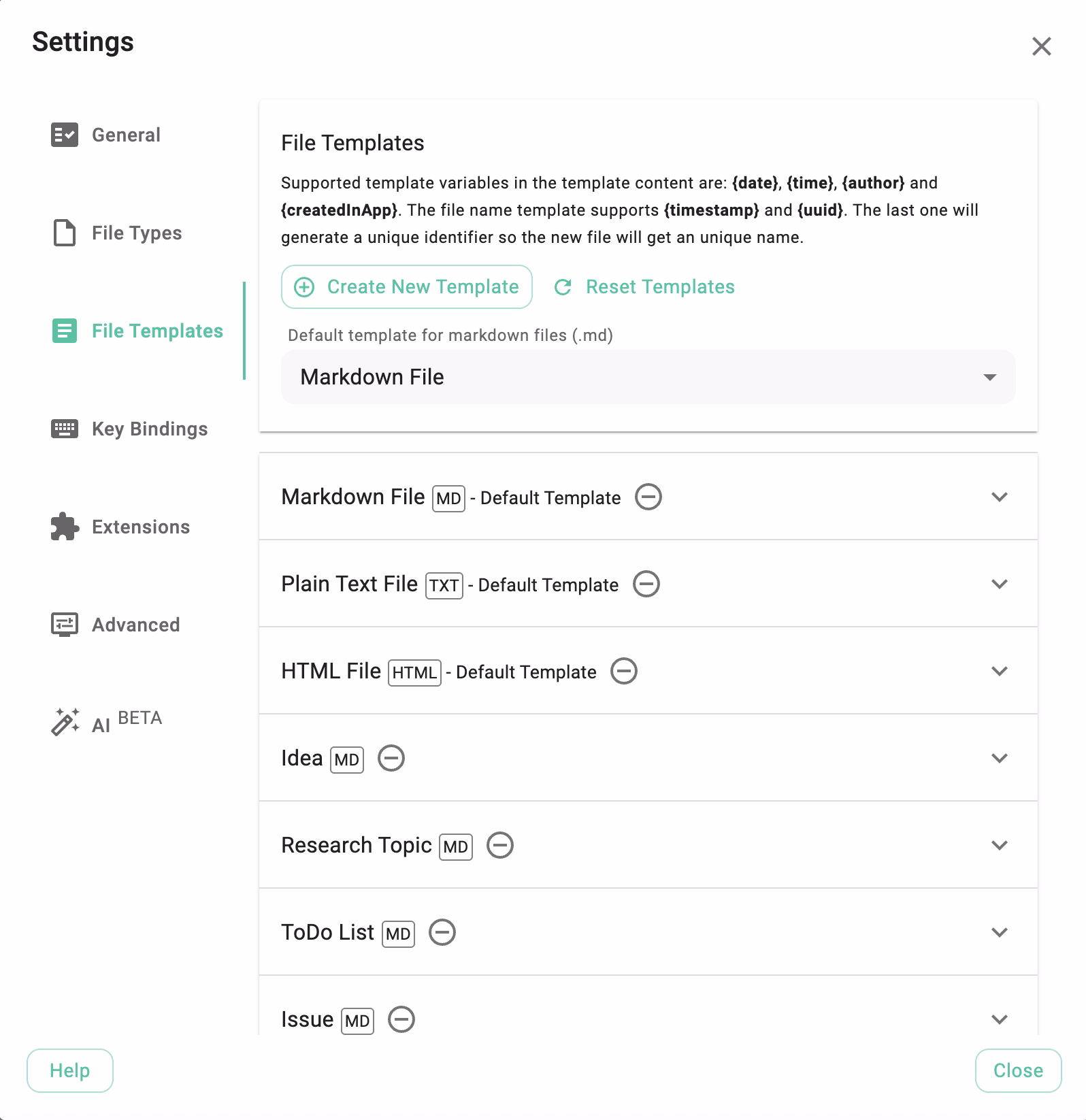 Tab file templates in the settings