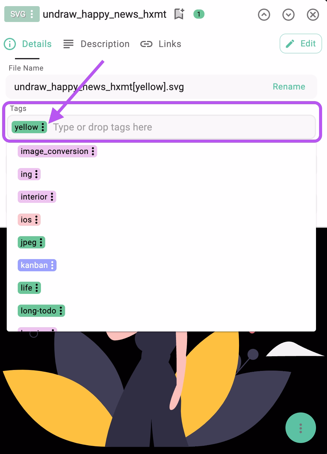 Tagging in the file and folder details area