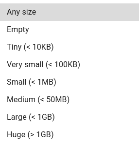 Options for searching by size