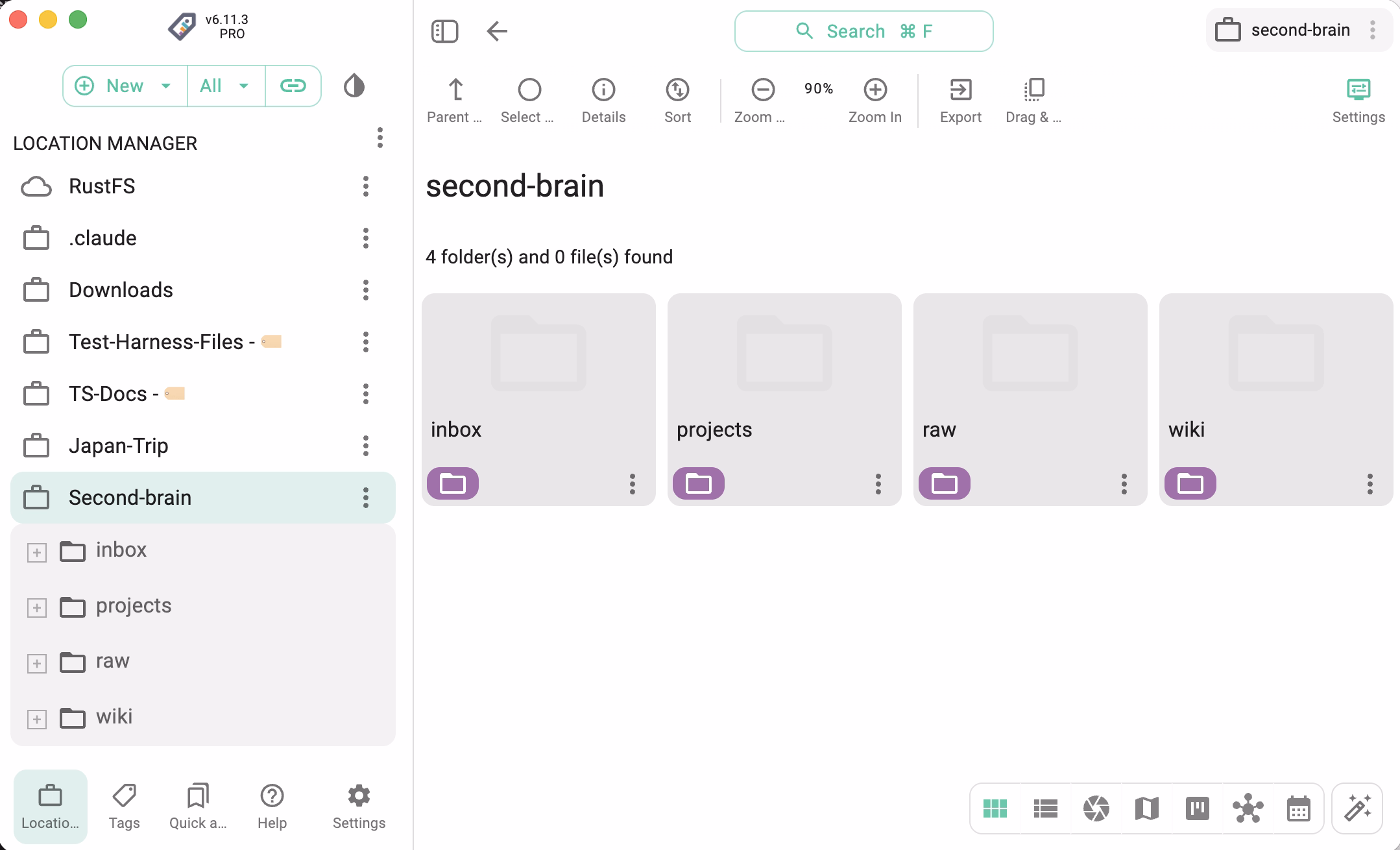 The second-brain folder opened as a TagSpaces location