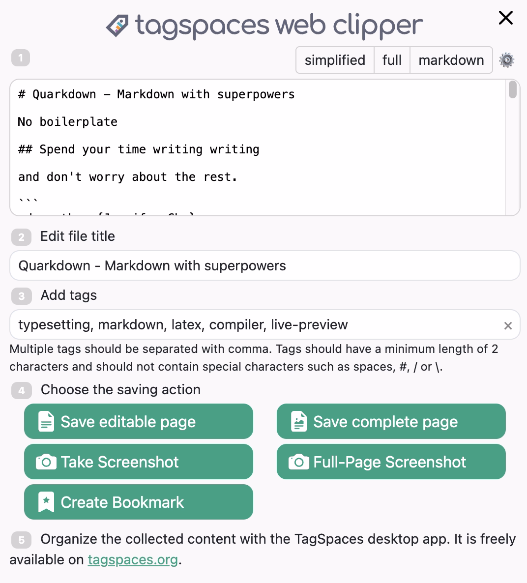 The TagSpaces Web Clipper popup, showing the title field and tag input with some example tags applied.