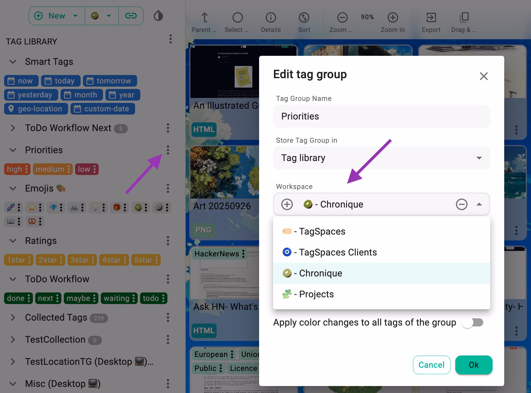 Screenshot of the tag group properties dialog, where you can assign workspace to a tag group