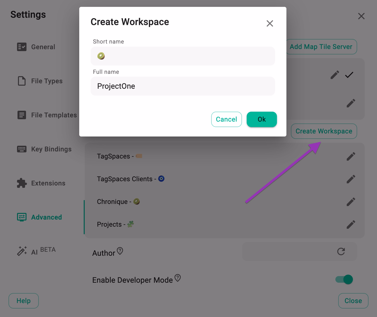 Screenshot of add workspace dialog