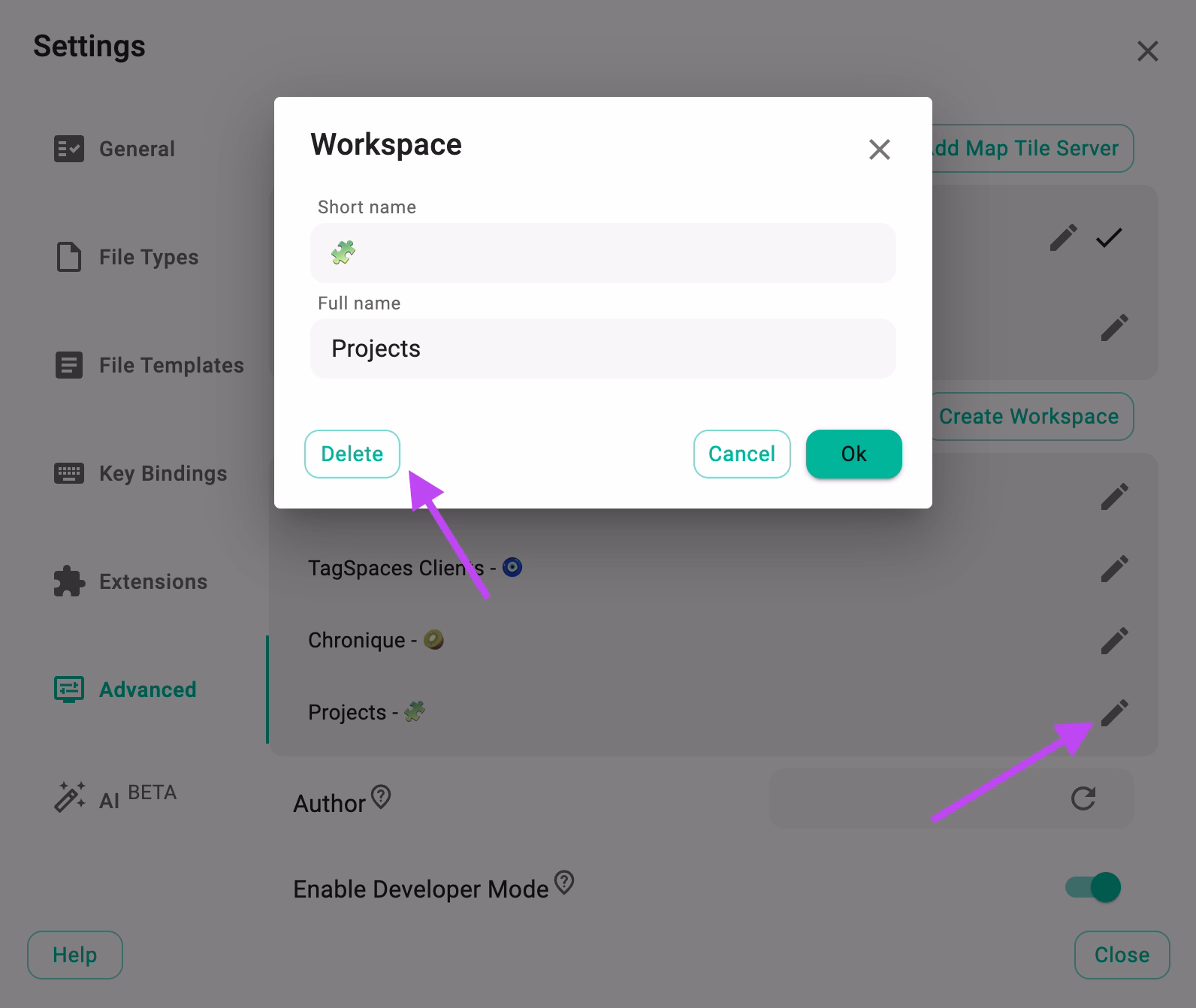 Screenshot of the dialog where you can edit and delete workspaces
